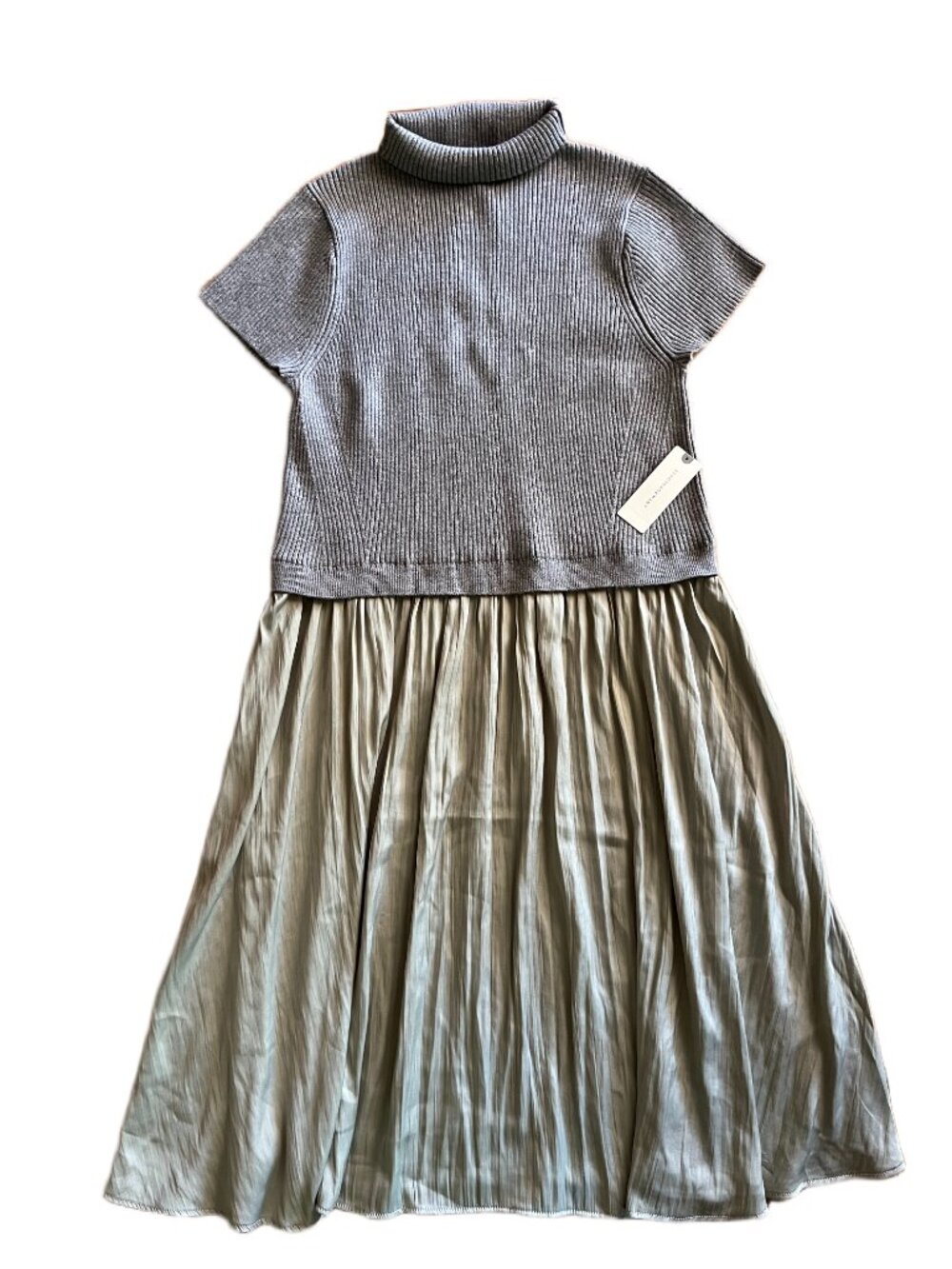 Anthropologie Gray Ribbed Turtleneck Pleated Midi Dress Size L NWT